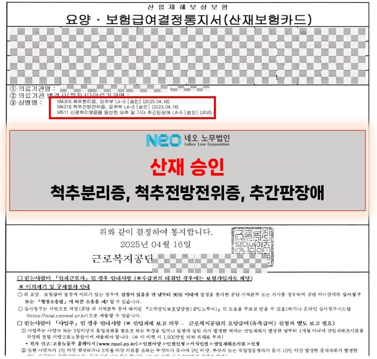 척추분리증(요추부L4-5), 척추전방전위증(요추부L4-5) 산재승인사례 ㅣ 네오노무법인