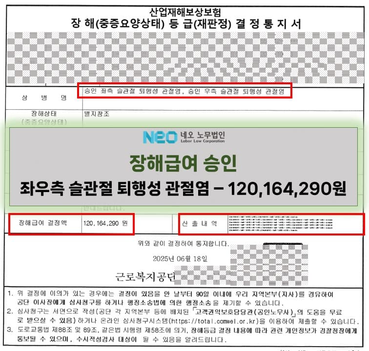 좌우측 슬관절 퇴행성 관절염 장해급여 승인(120,164,290원) ㅣ 네오노무법인