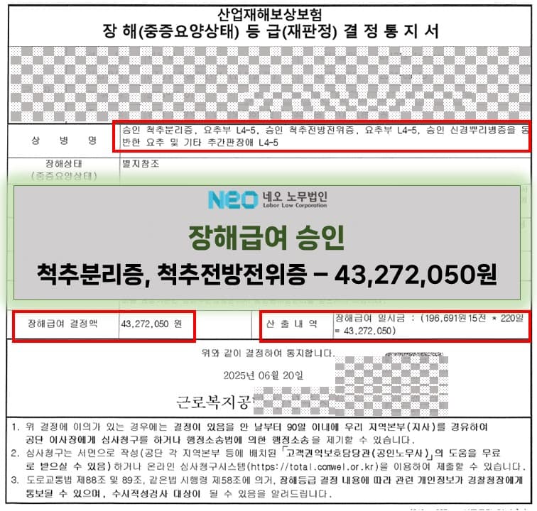 척추분리증, 척추전방전위증 장해급여 승인사례(43,272,050원) ㅣ 네오노무법인