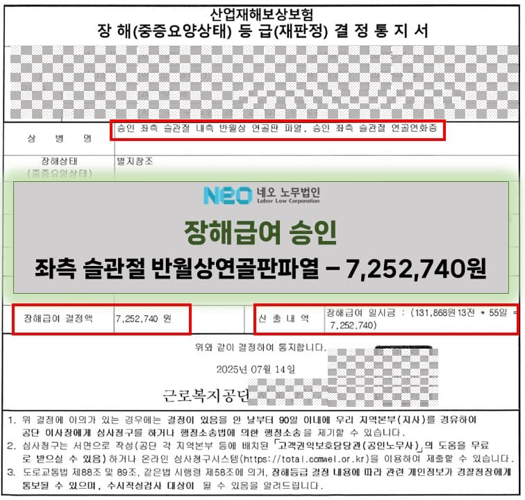 좌측 슬관절 반월상연골판 파열 장해급여 승인사례(7,252,740원) ㅣ 네오노무법인