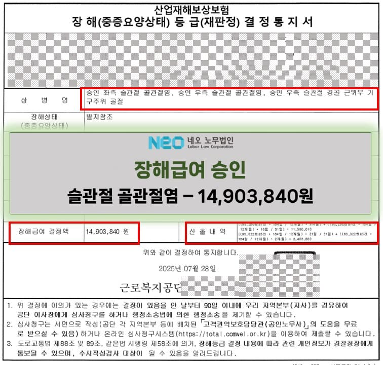양측 슬관절 골관절염 장해급여 승인사례(14,903,840원) ㅣ 네오노무법인